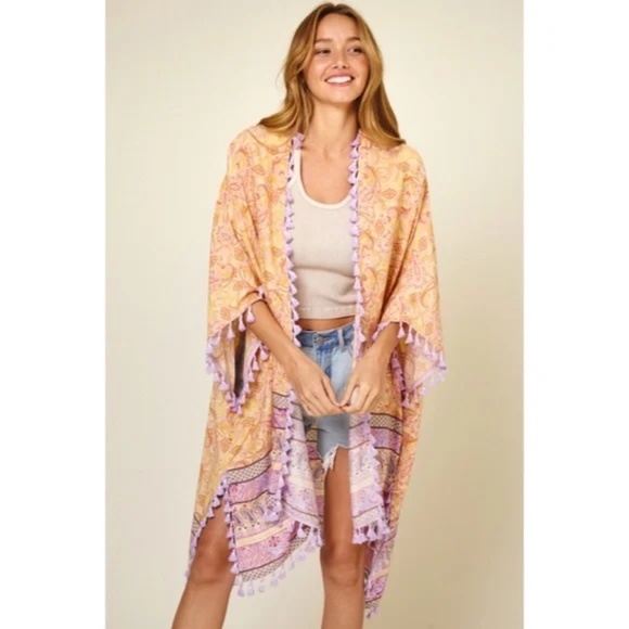 Lavender Paisley Printed Kimono Bohemian Cardigan w/ Tassels Fringe - Picture 3 of 6
